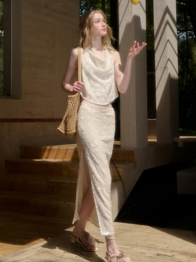 Embroidered Sequin Knit Top & Skirt Set