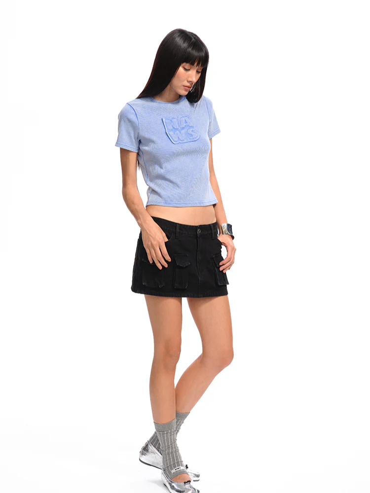 Applique Embroidery Washed Round - Neck Raw - Edge T - shirt