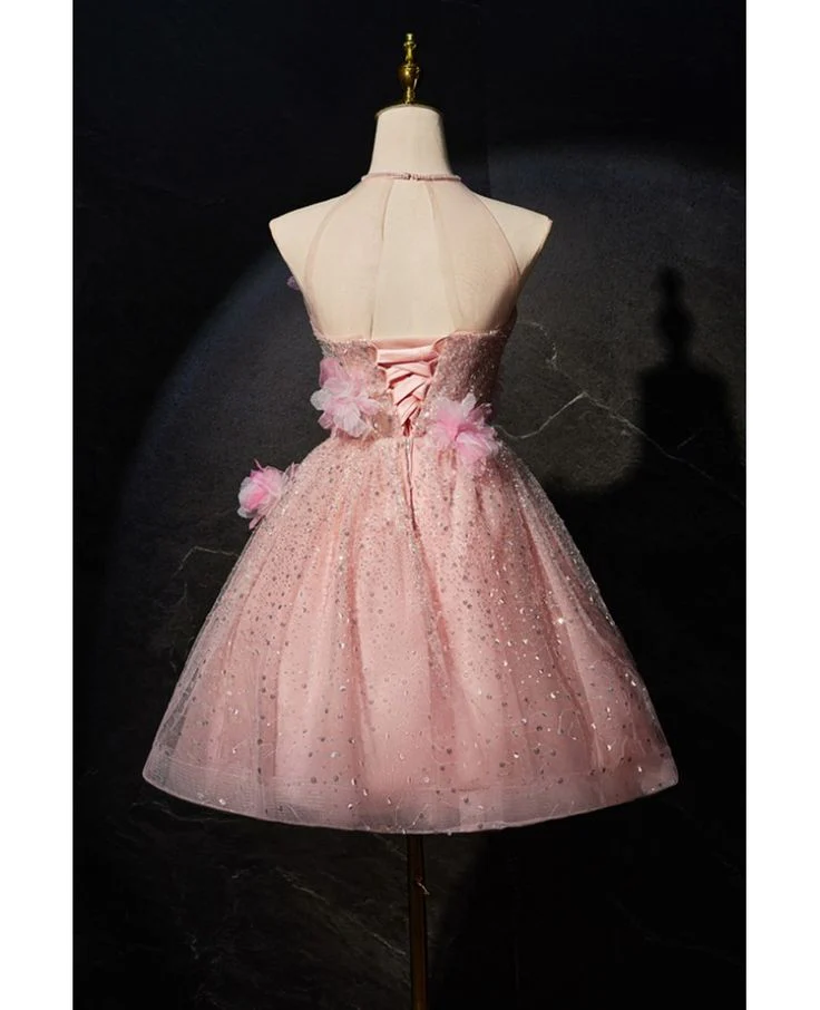 Cute Pink Tulle Sequin Flowers Short Birthday Outfits Homecoming Dress S830