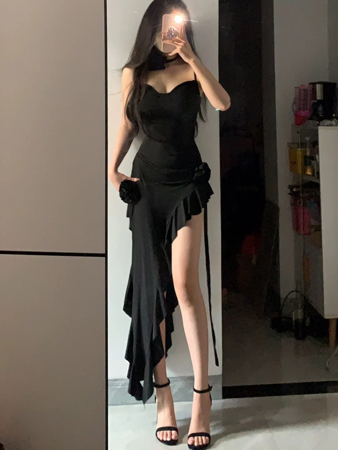 Simple Sheath Spaghetti Straps Black Satin Vacation Beach Dress Long Birthday Dresses SD006