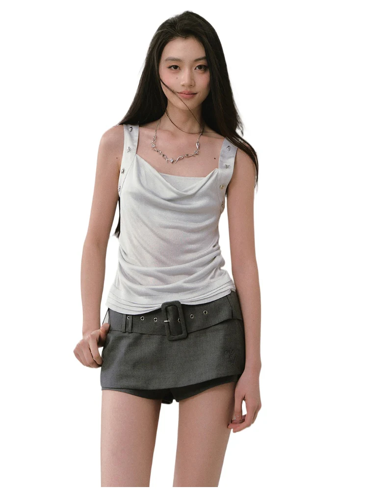 Rivet Embellished Small Cowl-Neck Camisole