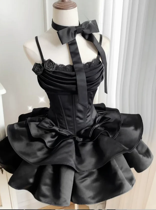 Elegant Black Spaghetti Straps Layered Short Birthday Party Dress 8th Grade Homecoming Dress S652