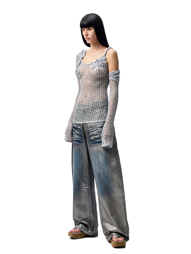 Hollow-Out Knitted Cropped Long-Sleeve Cover-Up