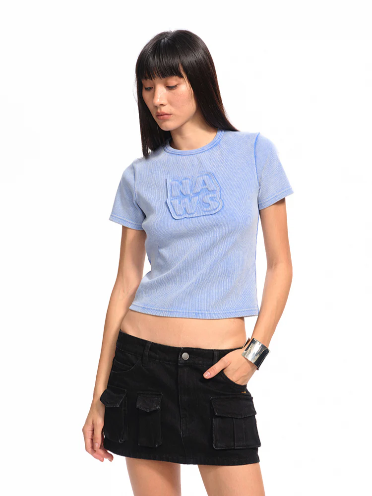 Applique Embroidery Washed Round - Neck Raw - Edge T - shirt