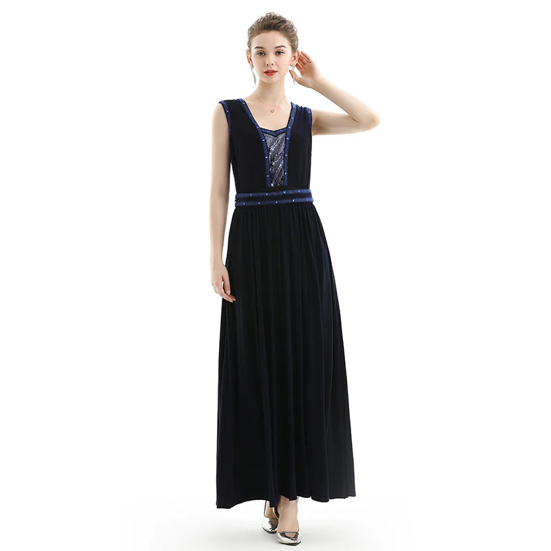 D071 Women solid knit sleeveless embroidered and sequin embellished maxi evening dress