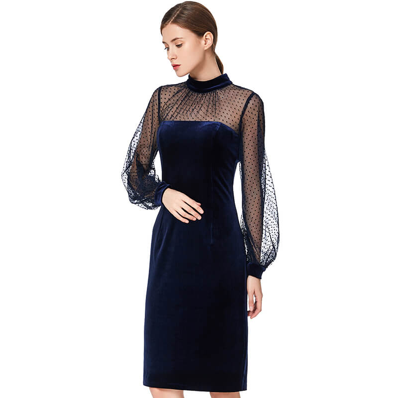 D030 Women velvet knit mock neck long puff sleeves fitted midi party dress
