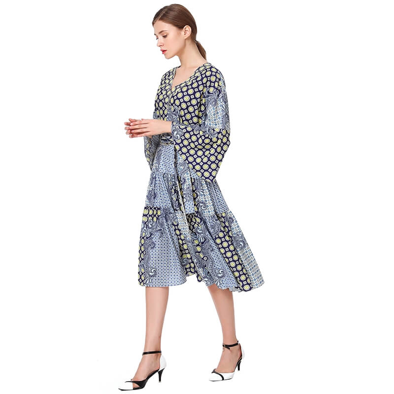 D051 Women print polyester three-quarter sleeves tiered design midi dress