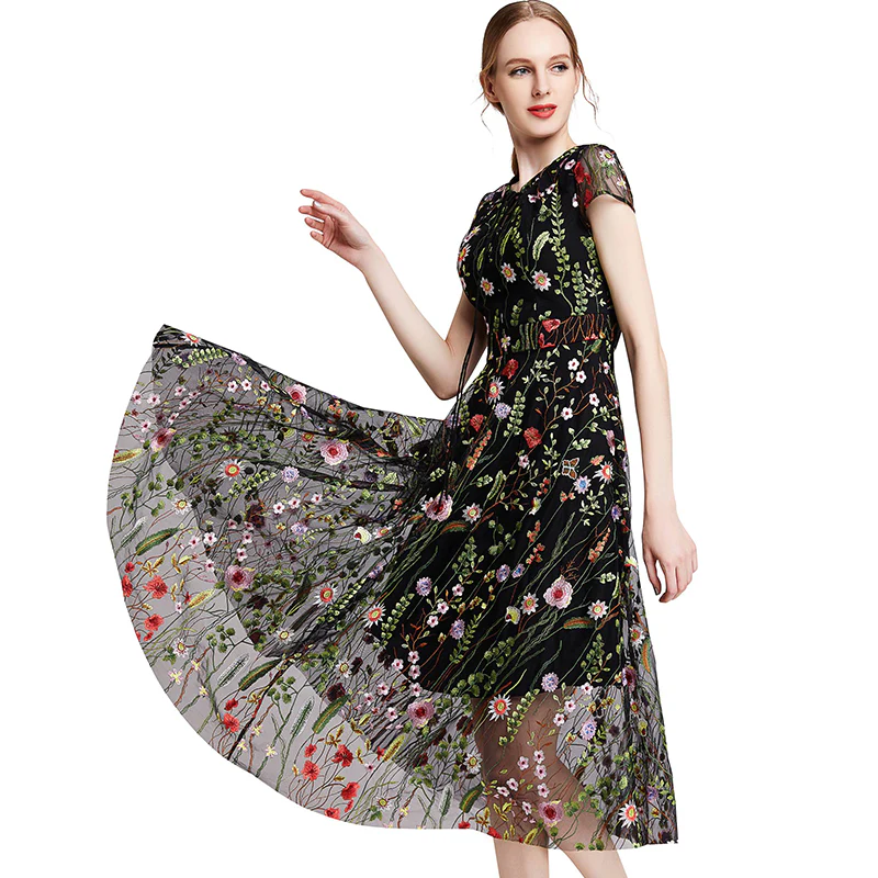 D009 Women all-over floral embroidered tulle cap sleeves midi party dress