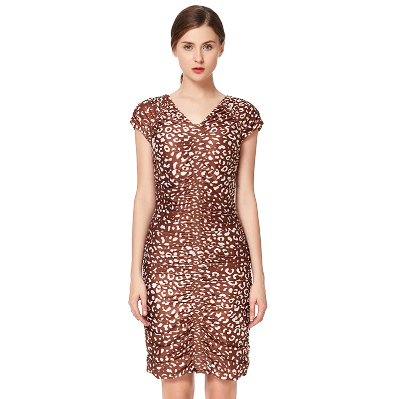 D019 Women animal print V neck cap sleeves fitted mini day dress