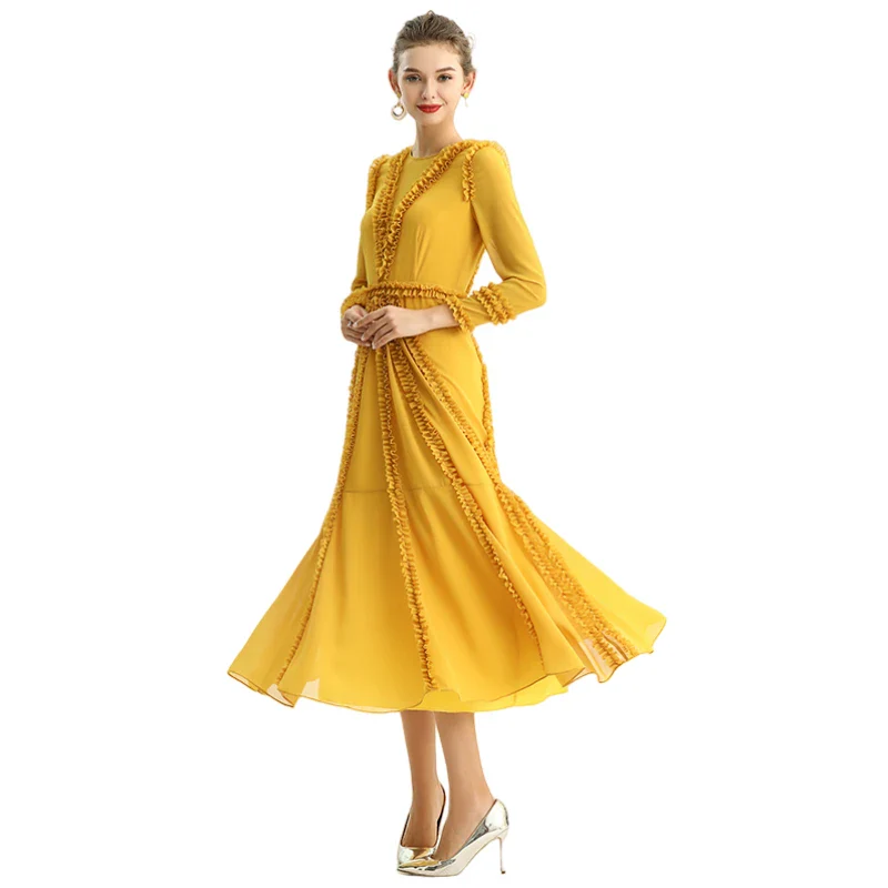 D084 Women solid chiffon three quarters sleeves ruffle detailed midi party dress
