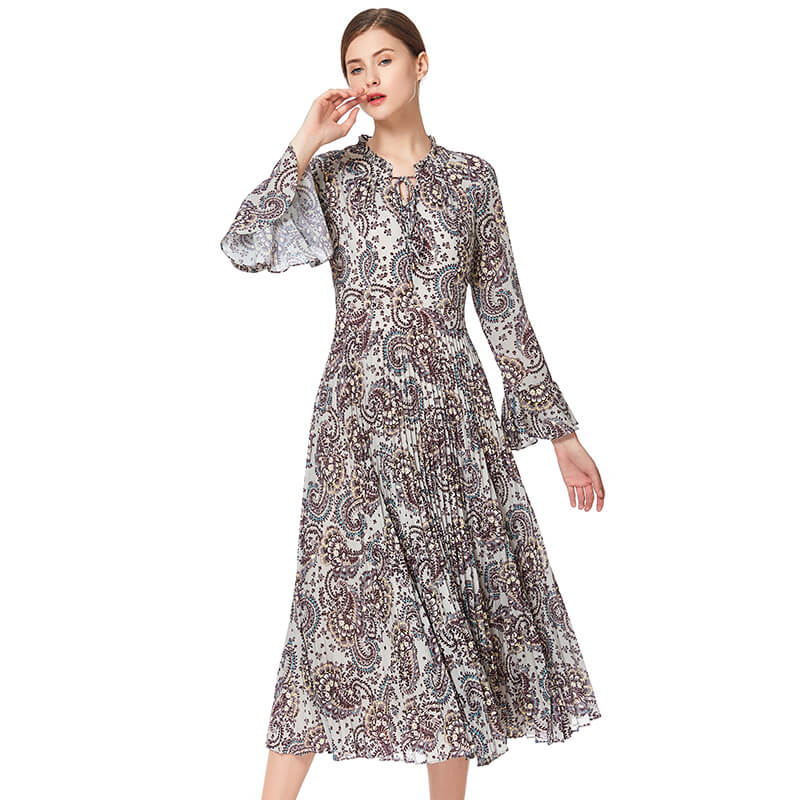 D037 Women paisley print long sleeves sunburst pleated midi day dress
