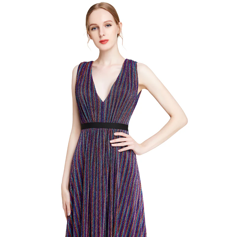 D014 Women metallic knit V neck sleeveless pleated maxi evening dress