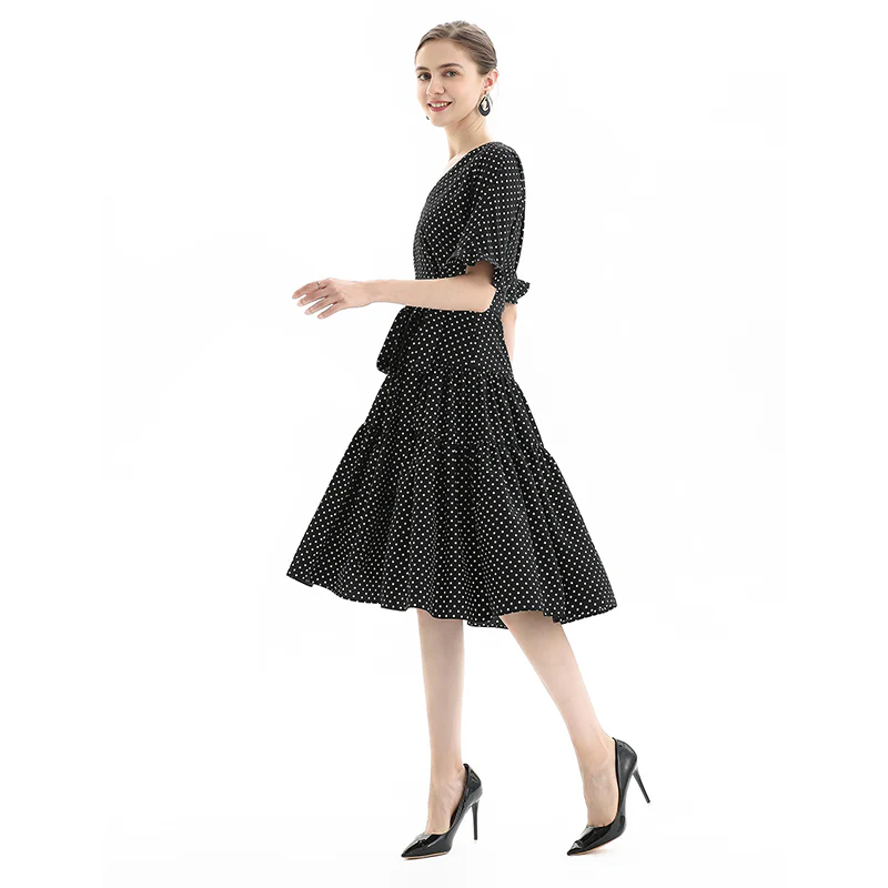 D081-2 Women polka dot print short sleeves tiered midi day dress