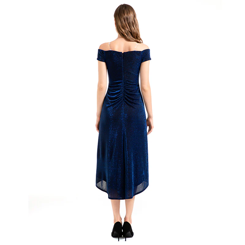 D021 Women semi-sheer metallic knit off shoulder short sleeves asymmetric hem midi party dress