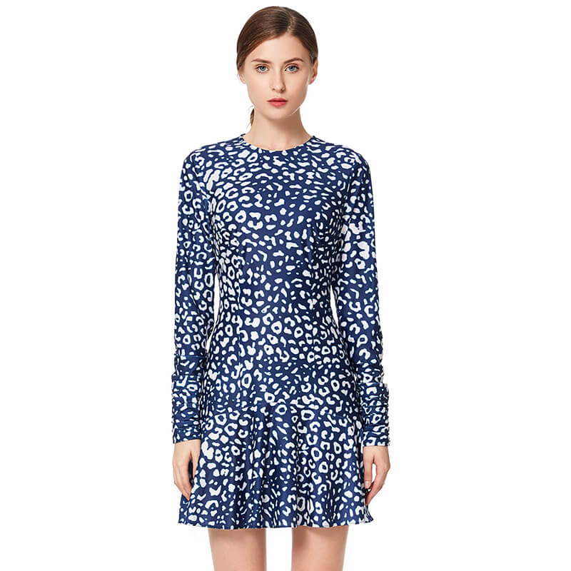 D023 Women animal print round neck long sleeves flared mini day dress