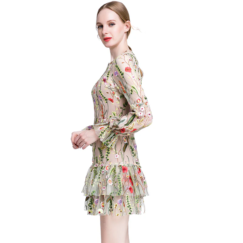 D005 Women all-over embroidered long bell sleeves mini party dress