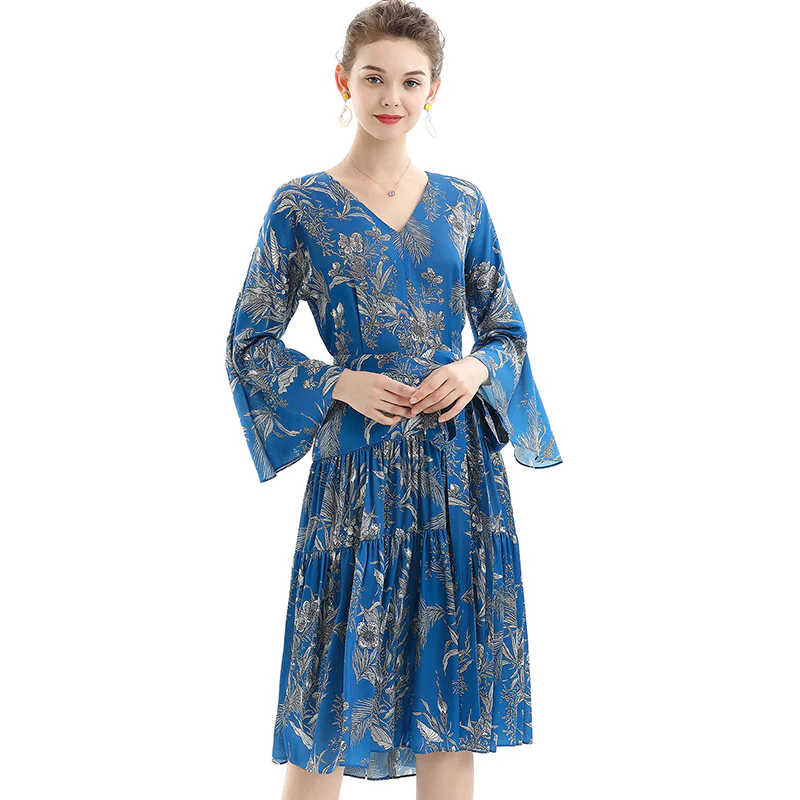 D057 Women floral print three-quarter sleeves tiered design midi dress