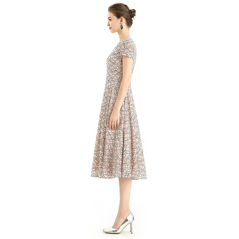 D062-3 Women 2-tone flower lace V neck cap sleeves flared midi evening dress