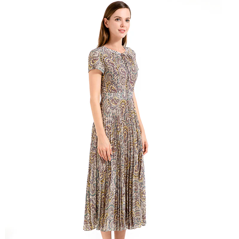 D013 Women paisley print cap sleeves pleated midi day dress