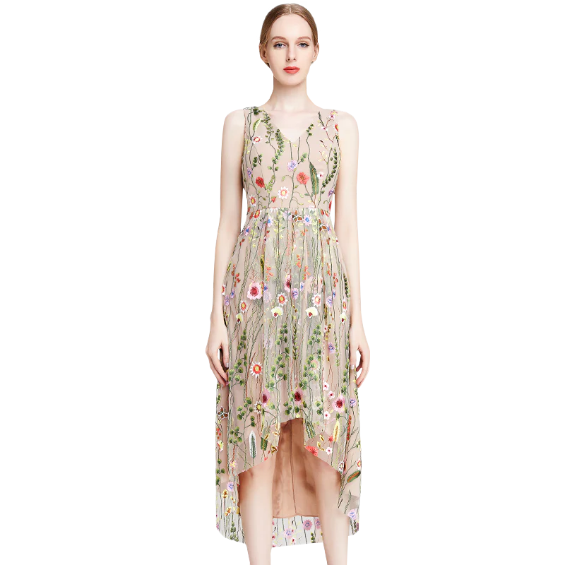 D006 Women all-over floral embroidered tulle sleeveless asymmetric hem midi party dress