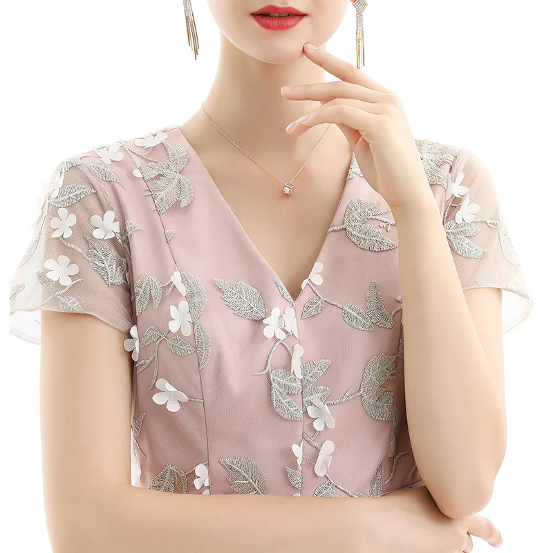 D063 Women 3D flower embroidered organza V neck cap sleeves flared midi evening dress