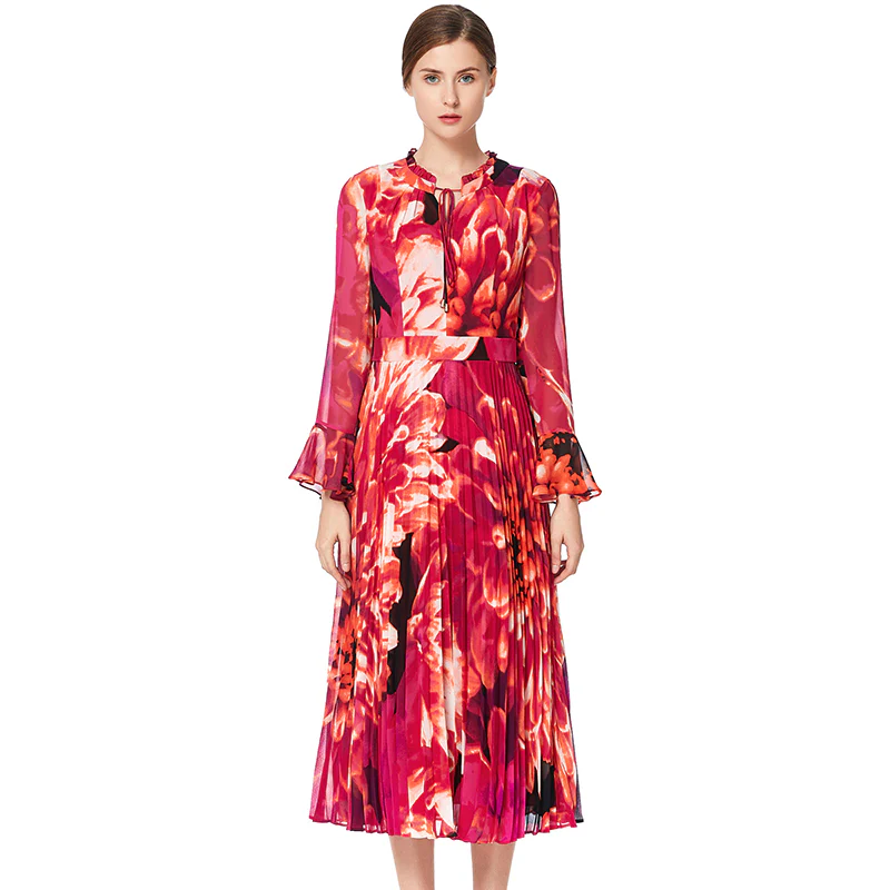 D036 Women flower print chiffon long sleeves pleated midi day dress