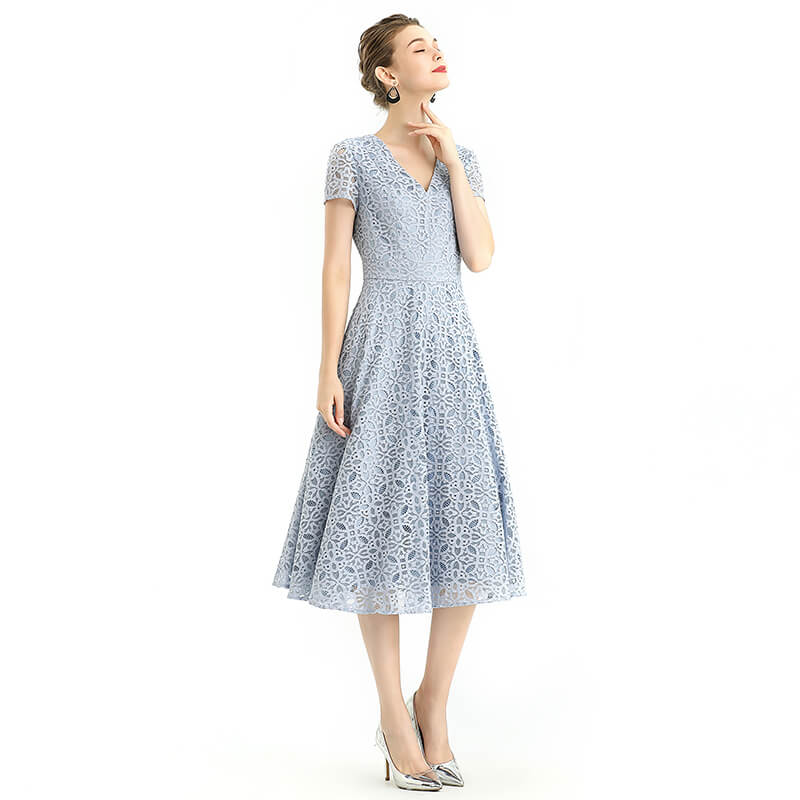 D062-4 Women medallion lace pattern V neck cap sleeves flared midi evening dress