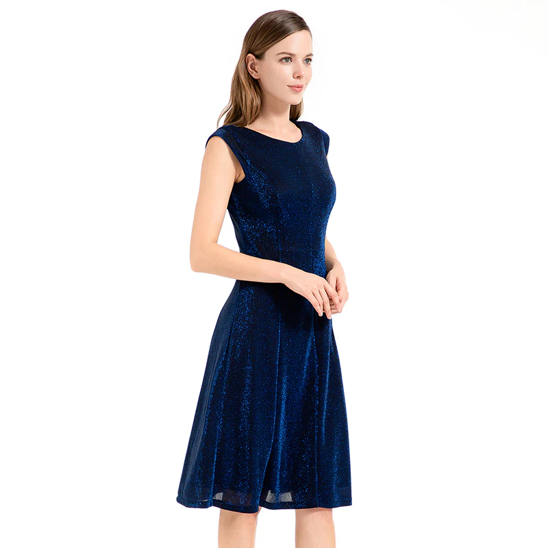 D026 Women semi-sheer metallic knit round neck sleeveless A-line flared midi party dress