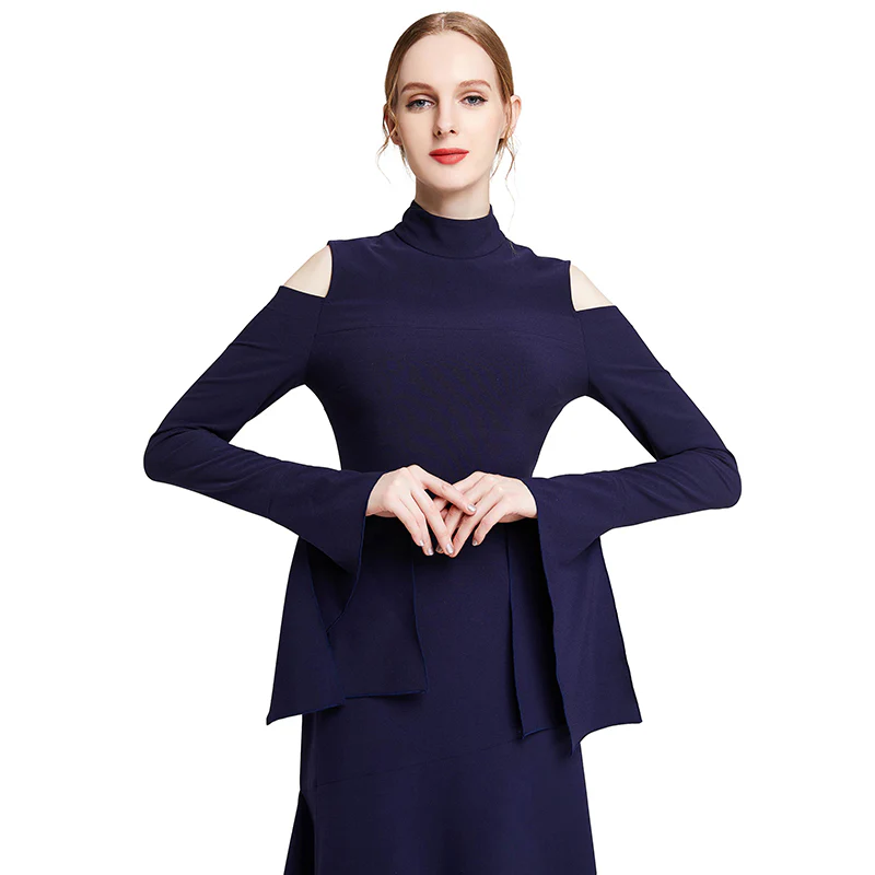 D008 Women solid long sleeve cut out asymmetric hem mini party dress