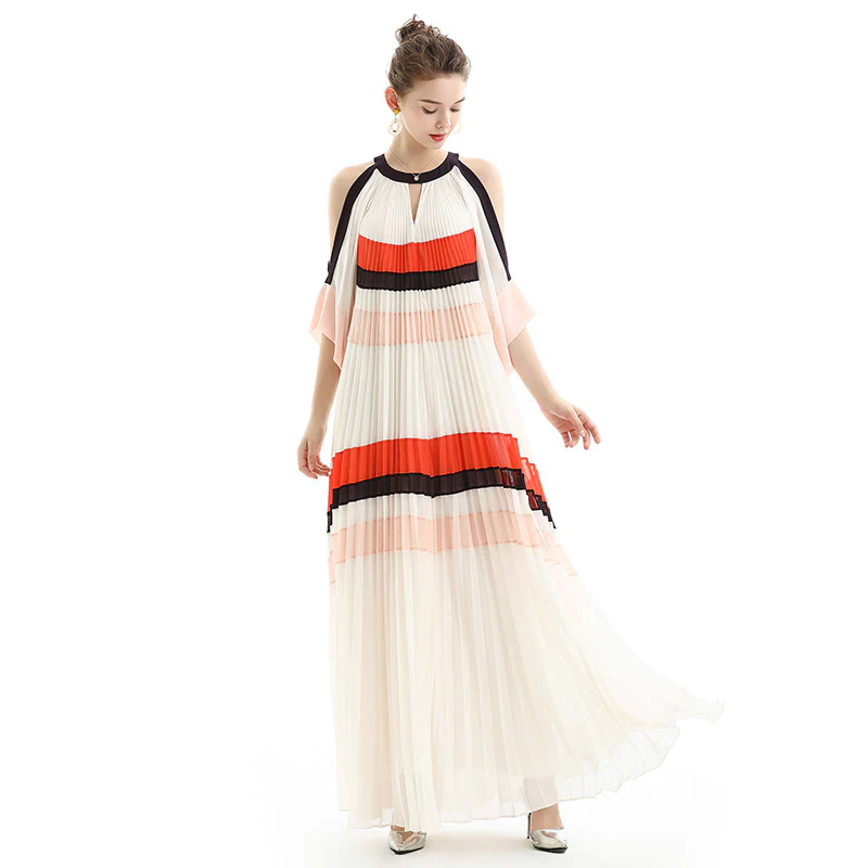 D074 Women color block cut out shoulder three-quarter sleeves pleated maxi evening dress