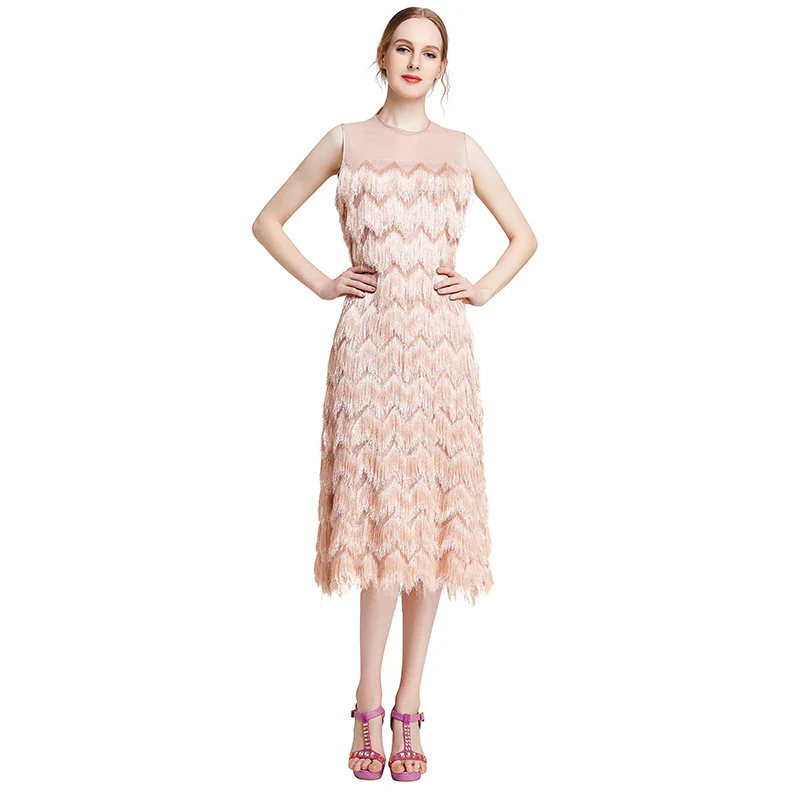 D003 Women multi layers fringes sleeveless midi party dress