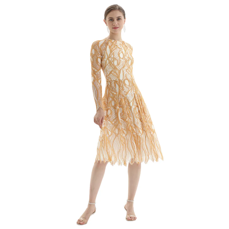 D080-1 Women fashion eyelash lace long sleeves flared pleated party midi dress