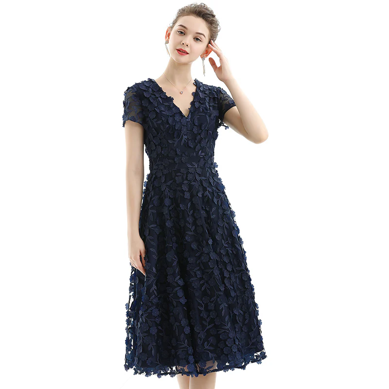 D063-1 Women 3D flower embroidered tulle V neck cap sleeves flared midi evening dress
