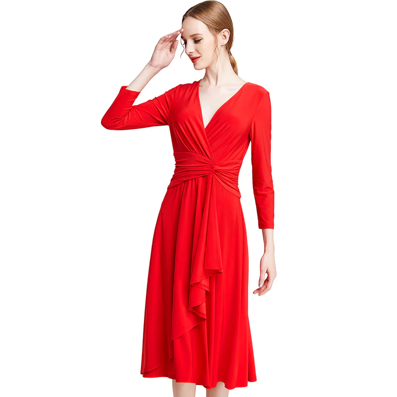 D010 Women solid knit three-quarter sleeve mock wrap midi day dress