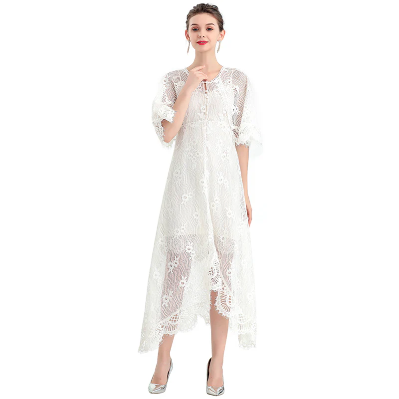 D078-2 Women floral lace cape sleeve flared asymmetric hem midi evening dress