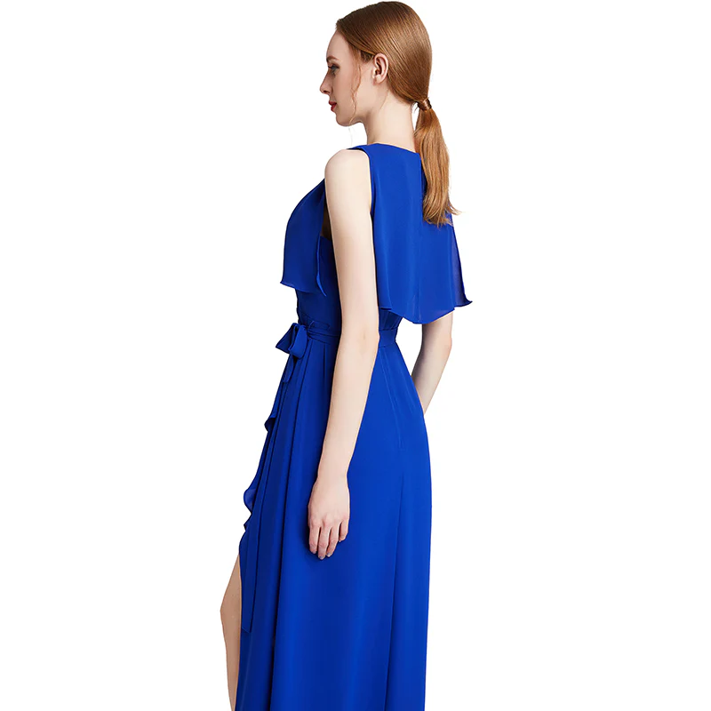 D015 Women solid heavy georgette V neck maxi evening dress