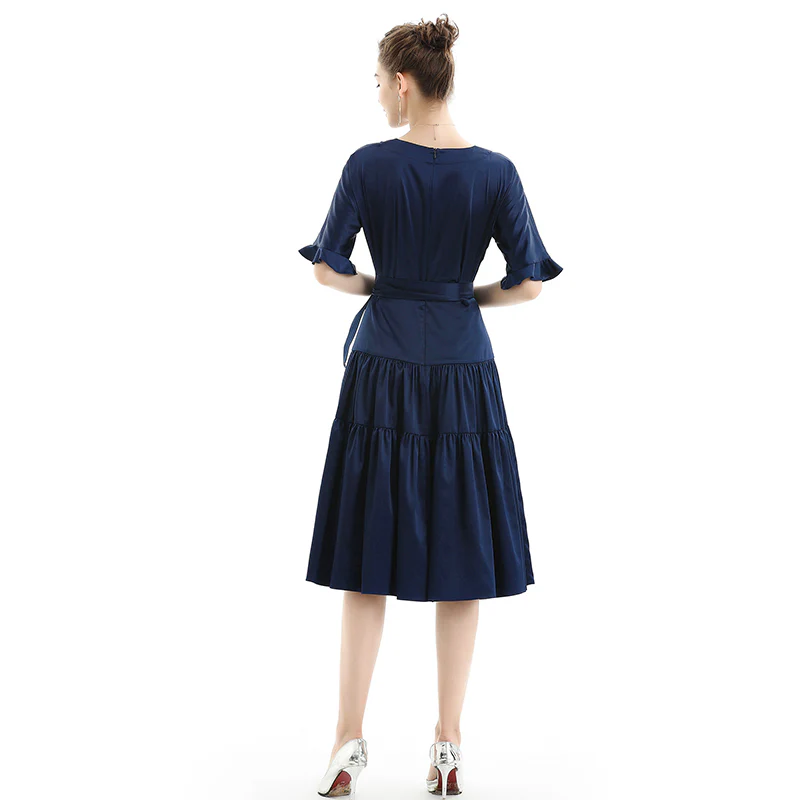 D081 Women solid satin short sleeves tiered midi day dress