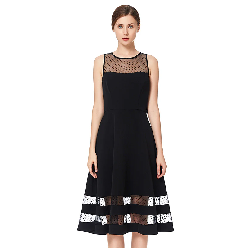 D031 Women solid sleeveless swiss dot tulle-panel flared midi party dress