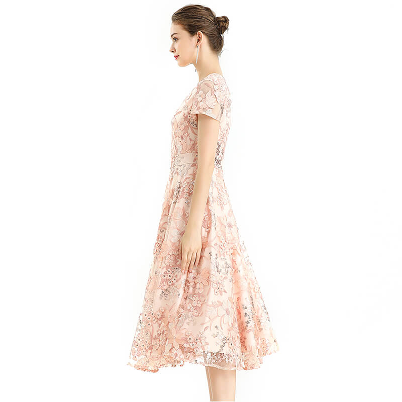 D062-6 Women all-over floral embroidered sequinned V neck cap sleeves flared midi evening dress