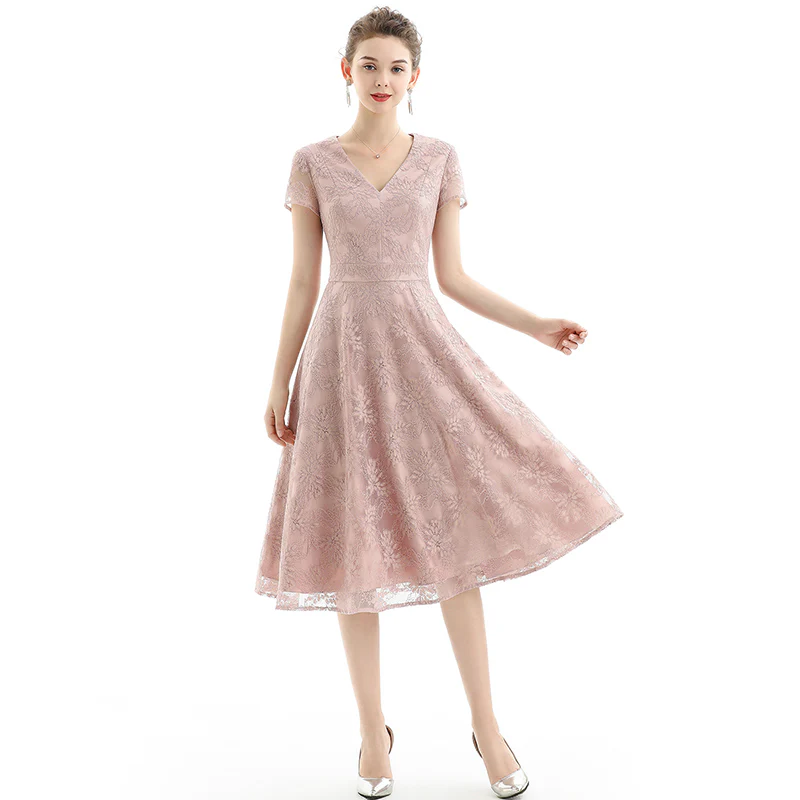 D062-1 Women floral lace V neck cap sleeves flared midi evening dress