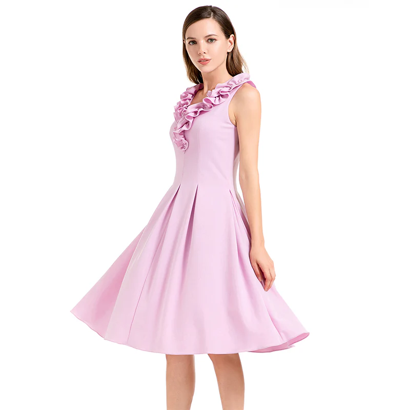 D004 Women solid sleeveless ruched ruffle midi party dress