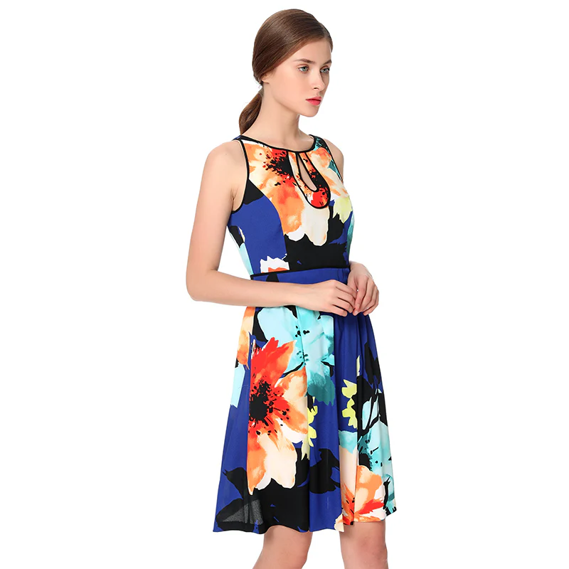 D038 Women flower print key-hole neckline sleeveless mini day dress