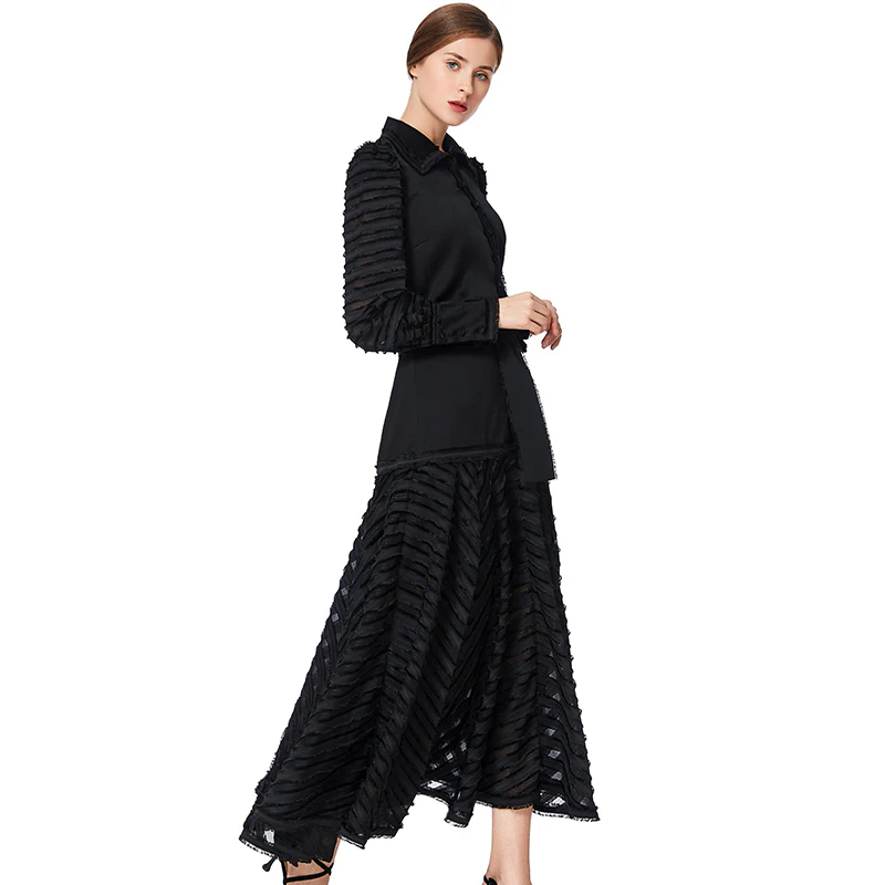 D035 Women solid shirt collar long sleeves stripes detailing flared maxi dress