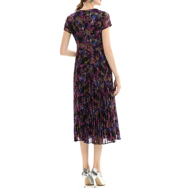 D028 Women artistic floral print cap sleeves pleated midi day dress
