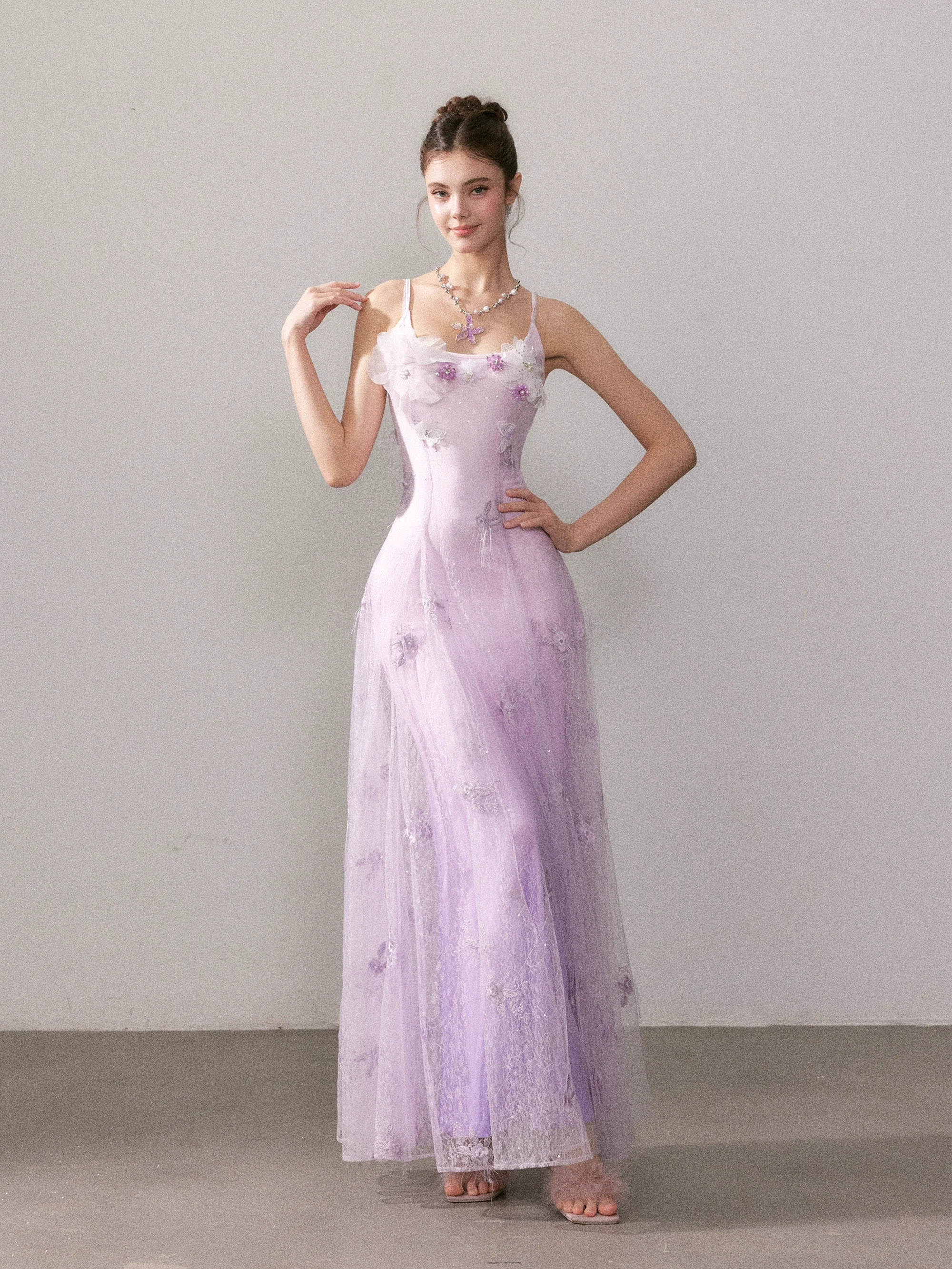 Light Purple Gradient Embroidered Bud Lace Long Dress