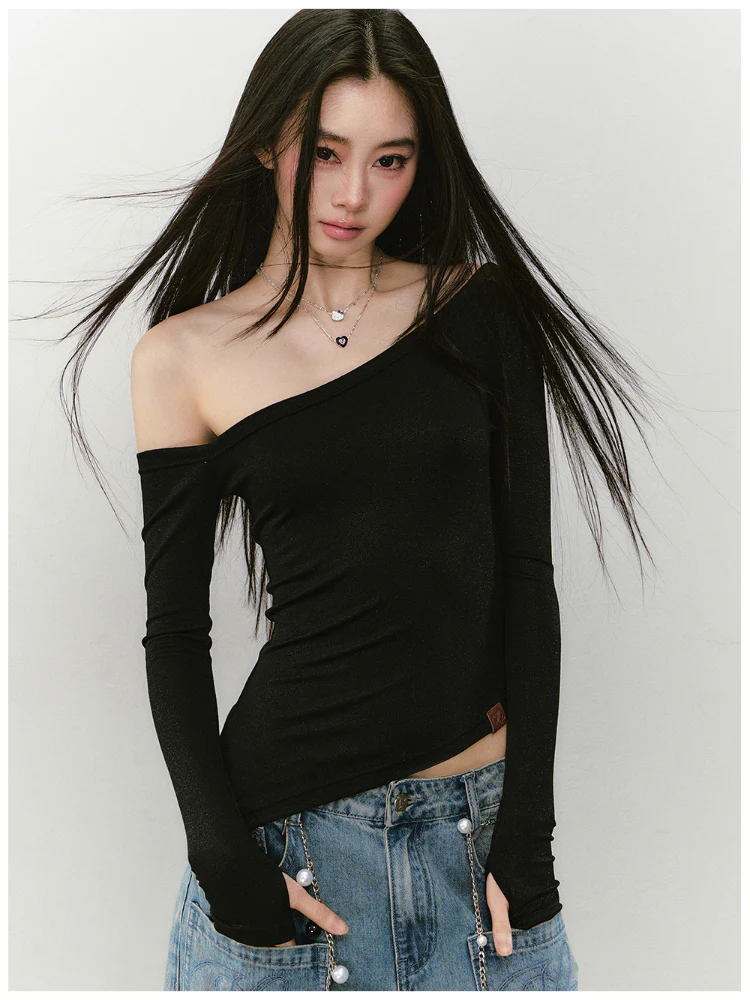 Shimmer Asymmetric Shoulder Irregular T-shirt