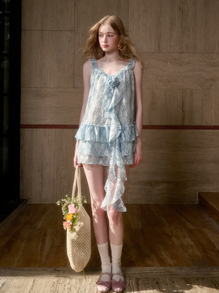 Lace Flower Ruffle Camisole Dress