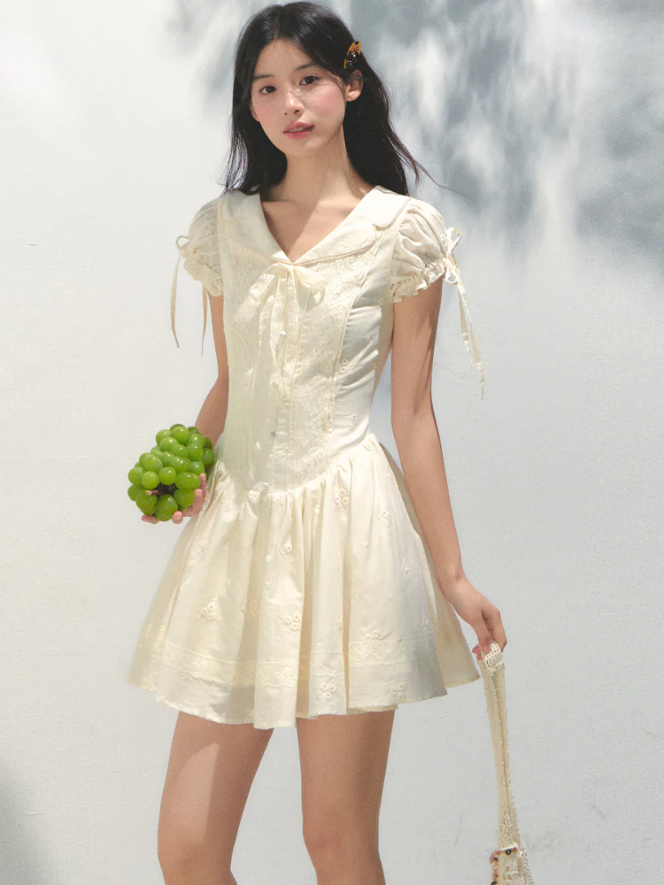 Embroidered Shirt-Collar Tea-Break Dress