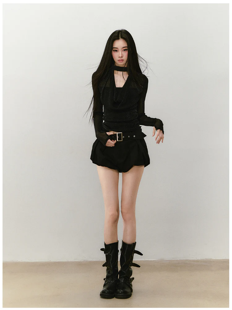 Chain Halter Draped Neck Fitted T-shirt