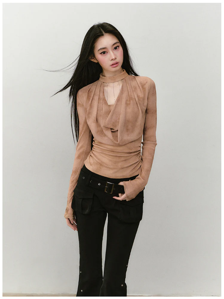 Chain Halter Draped Neck Fitted T-shirt